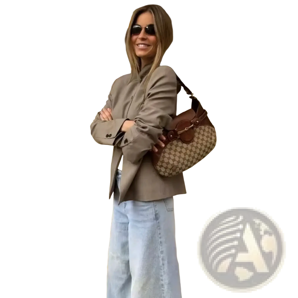 Brown and beige patterned gucci shoulder bag with leather accents complementing a women’s elegant stand collar casual blazer jacket