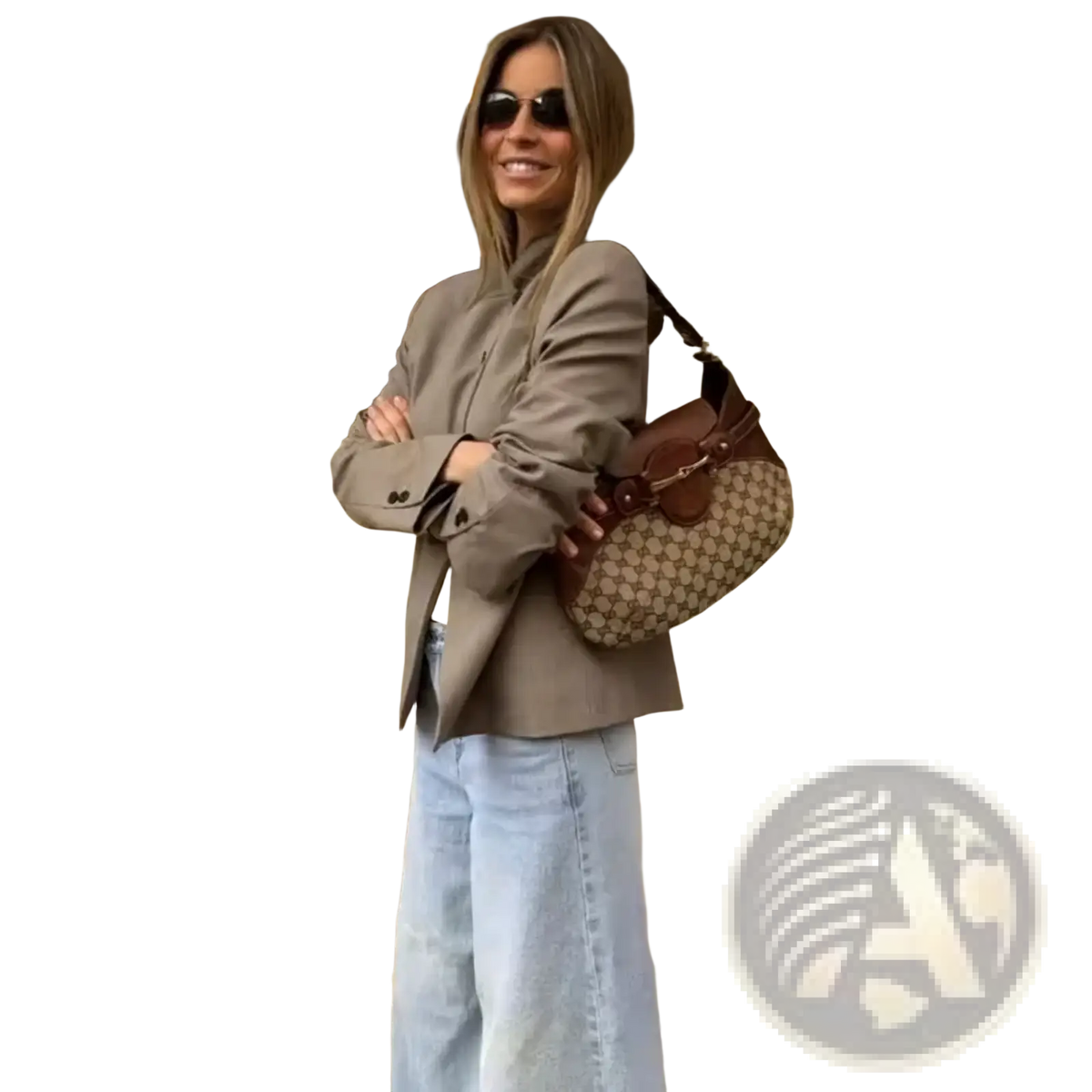 Brown and beige patterned gucci shoulder bag with leather accents complementing a women’s elegant stand collar casual blazer jacket