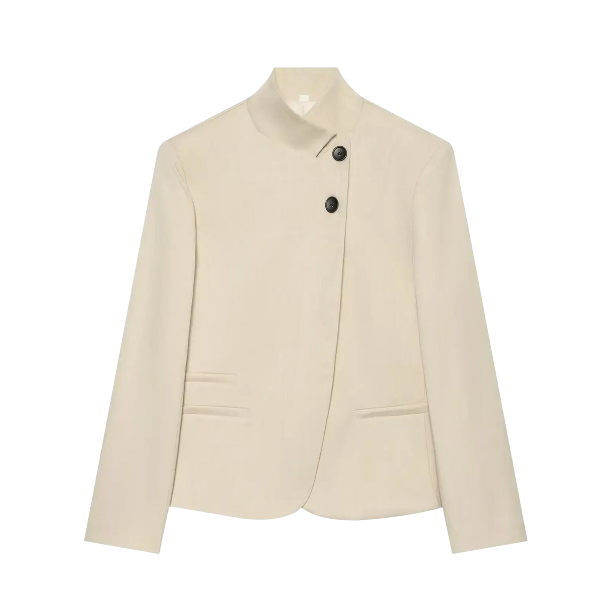 Cream-colored women’s elegant stand collar casual blazer jacket with two dark buttons down the front