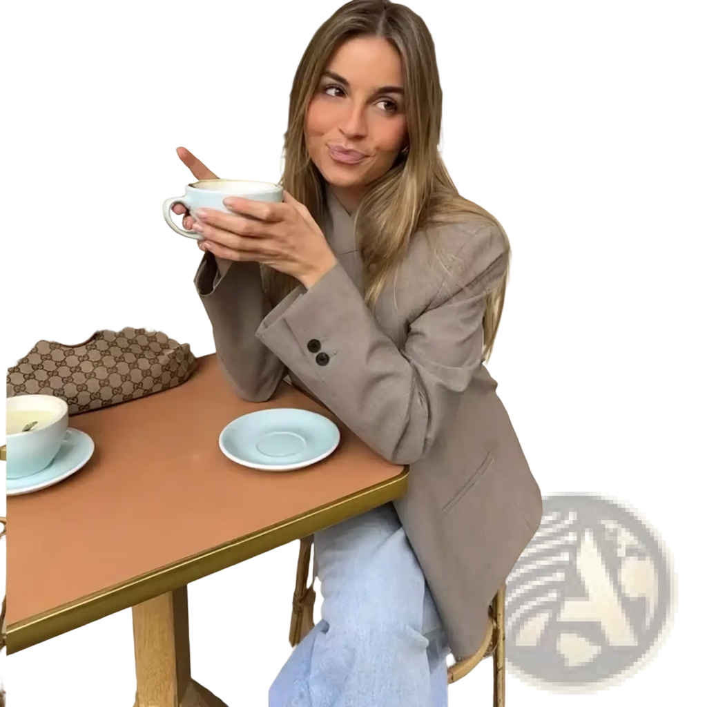 Light blue ceramic coffee cup with matching saucer on table alongside a women’s elegant stand collar casual blazer jacket