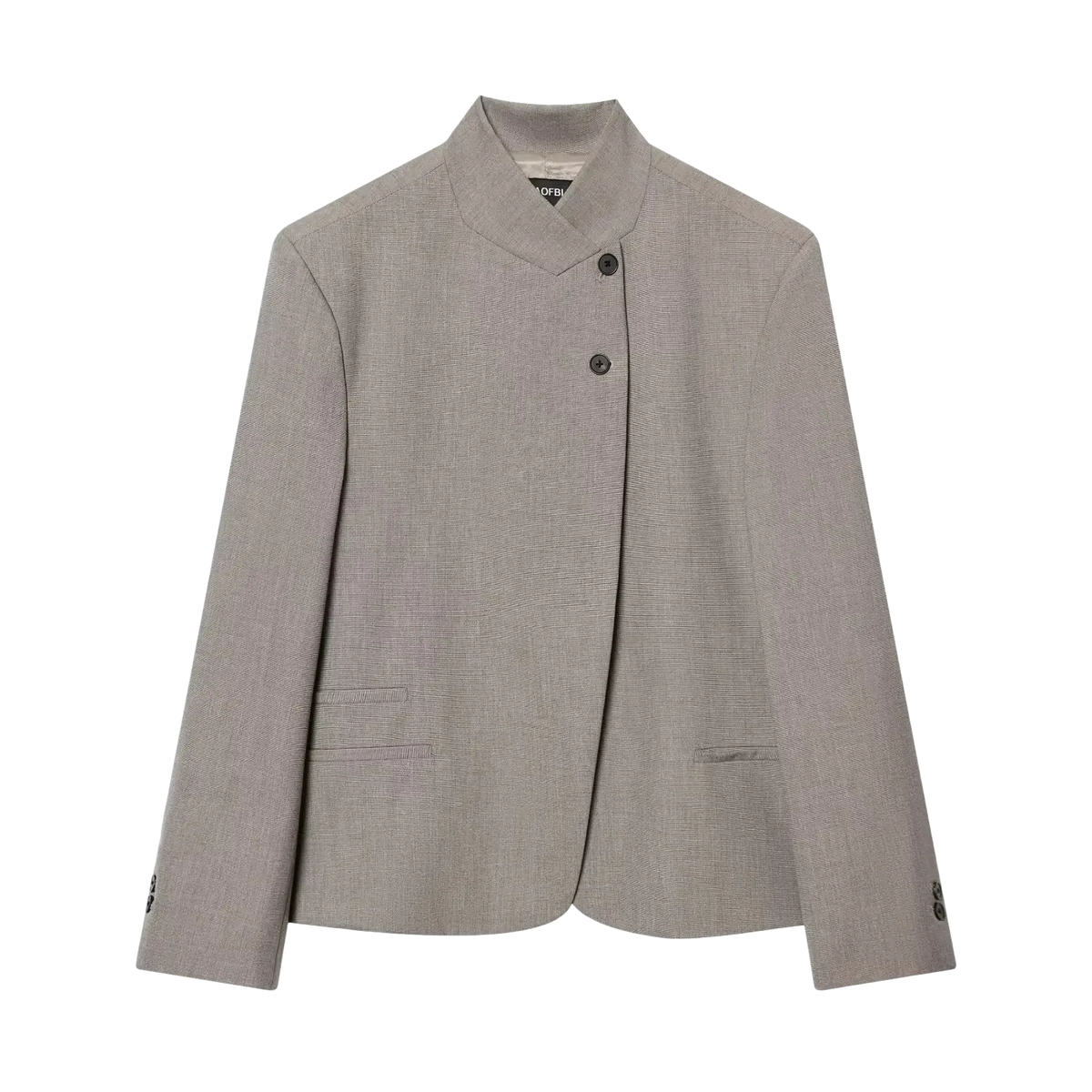 Women’s elegant stand collar casual blazer jacket in light gray with subtle textured weave and two dark front buttons