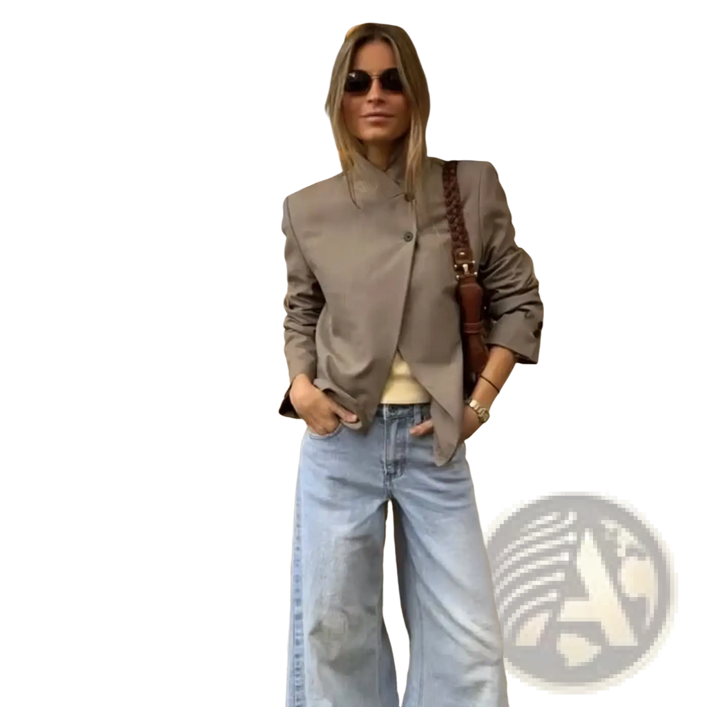 A stylish taupe women’s elegant stand collar casual blazer jacket with a structured modern cut and button closure
