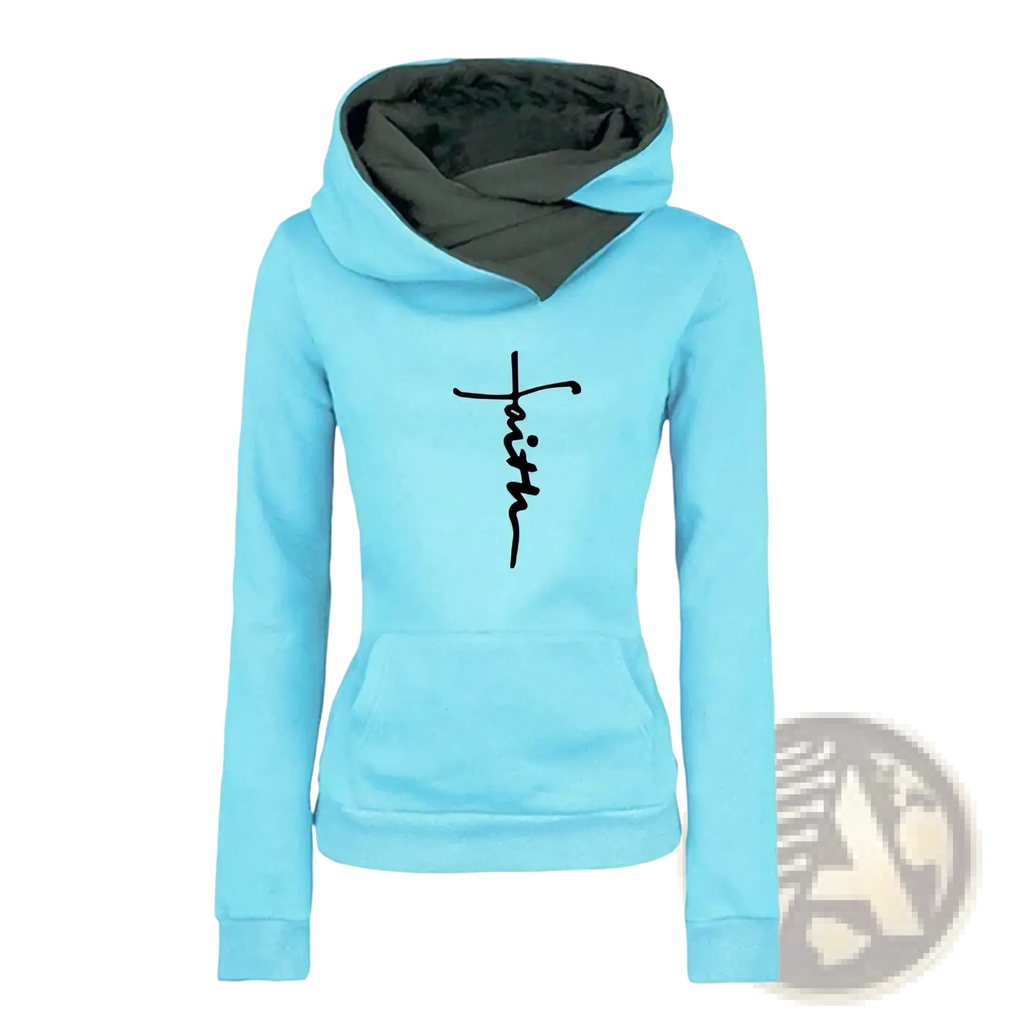 Light blue women’s faith script hoodie with dark gray interior lining and black cursive graphic on front in casual pullover style