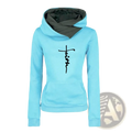 Light blue women’s faith script hoodie with dark gray interior lining and black cursive graphic on front in casual pullover style