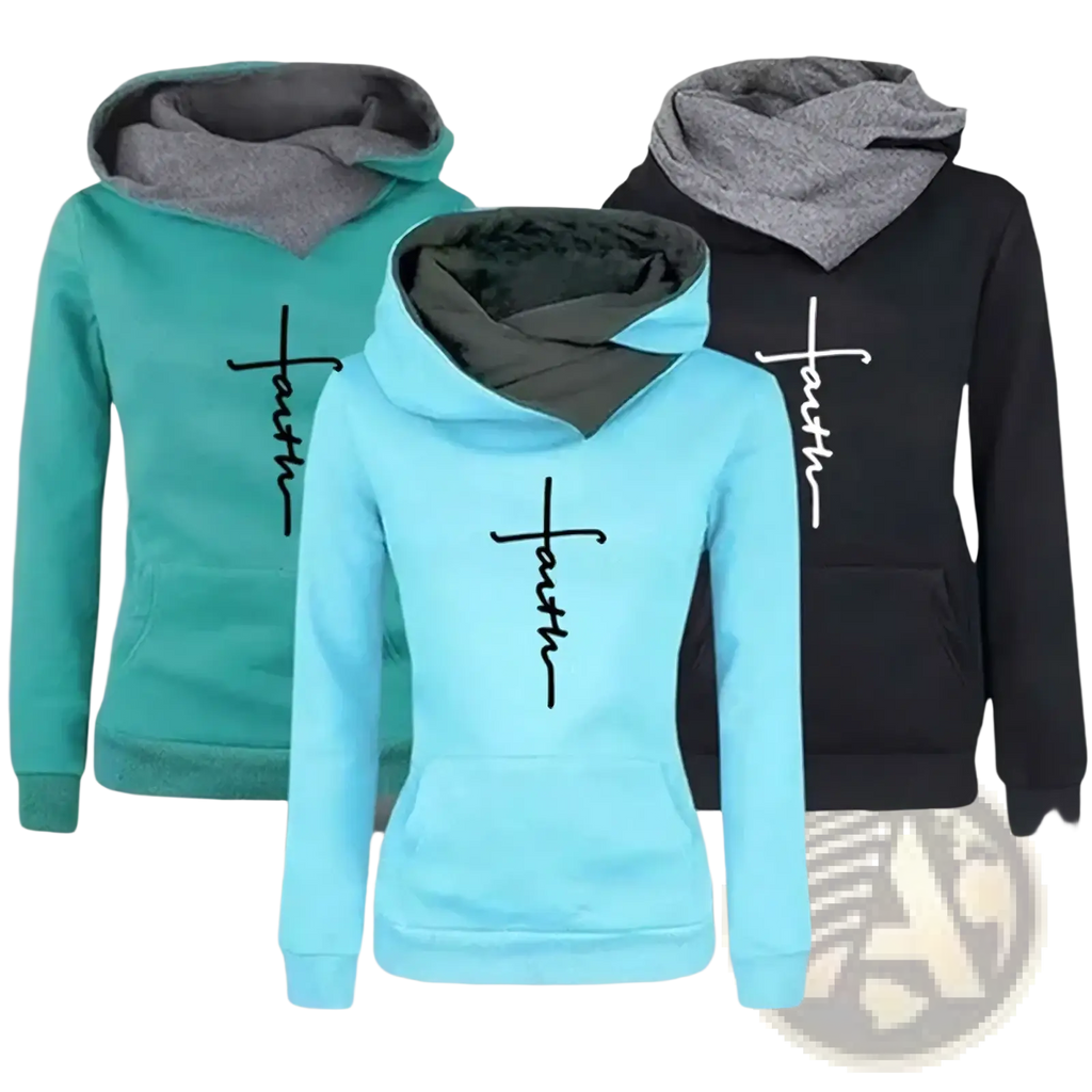Three women’s faith script hoodies in teal light blue and black with gray lining and embroidered cross design on front