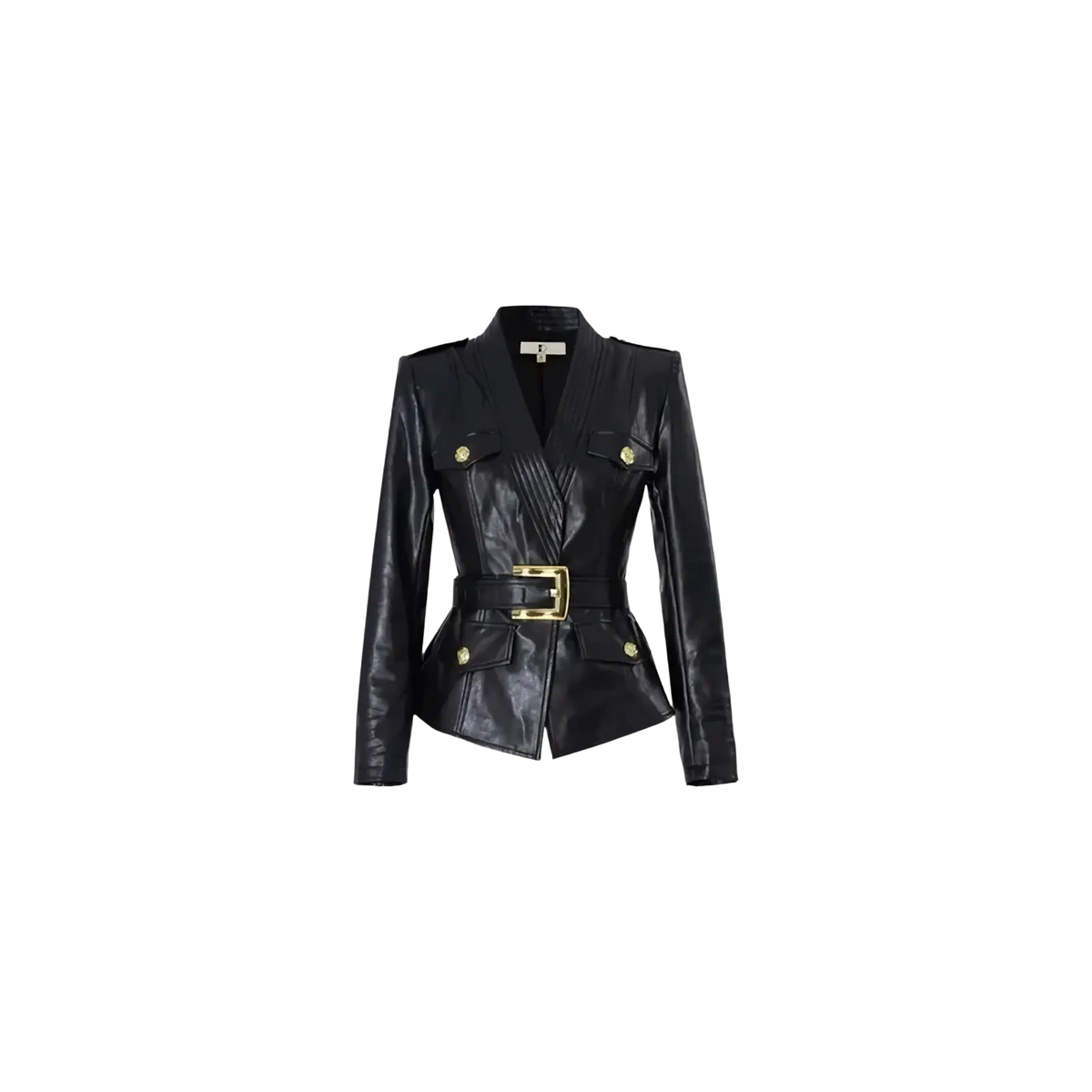 Women’s black faux leather belted trench coat with gold tone buttons and matching belt buckle in front view