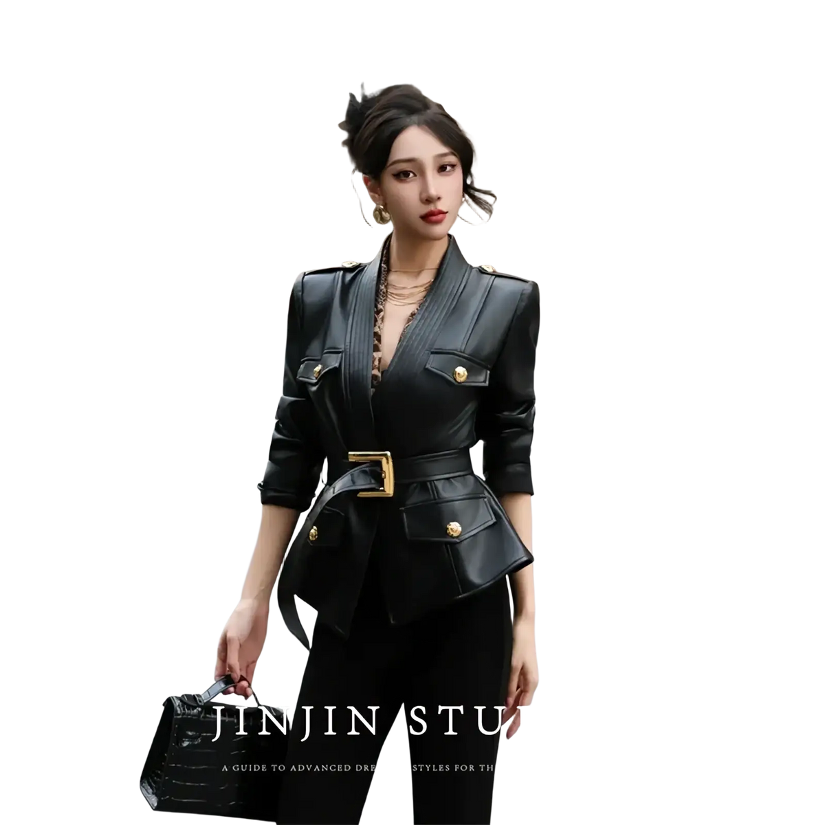 Black faux leather belted trench coat for women with gold-tone buttons and belt buckle detailing