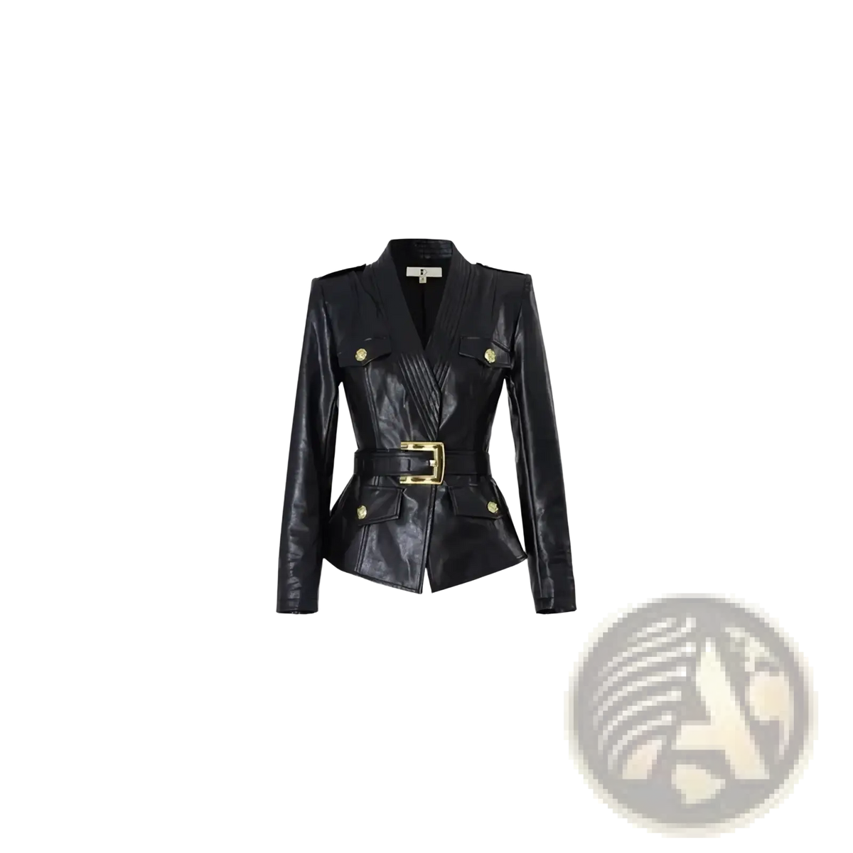 Women’s black faux leather belted trench coat with gold tone buttons and matching belt buckle in front view