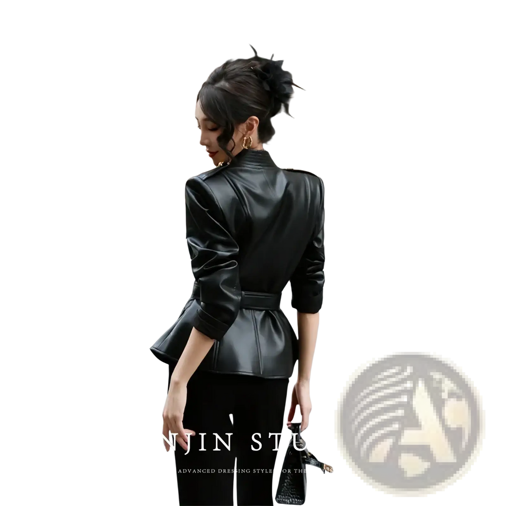 Black faux leather belted trench coat with peplum detail and three-quarter sleeves for women