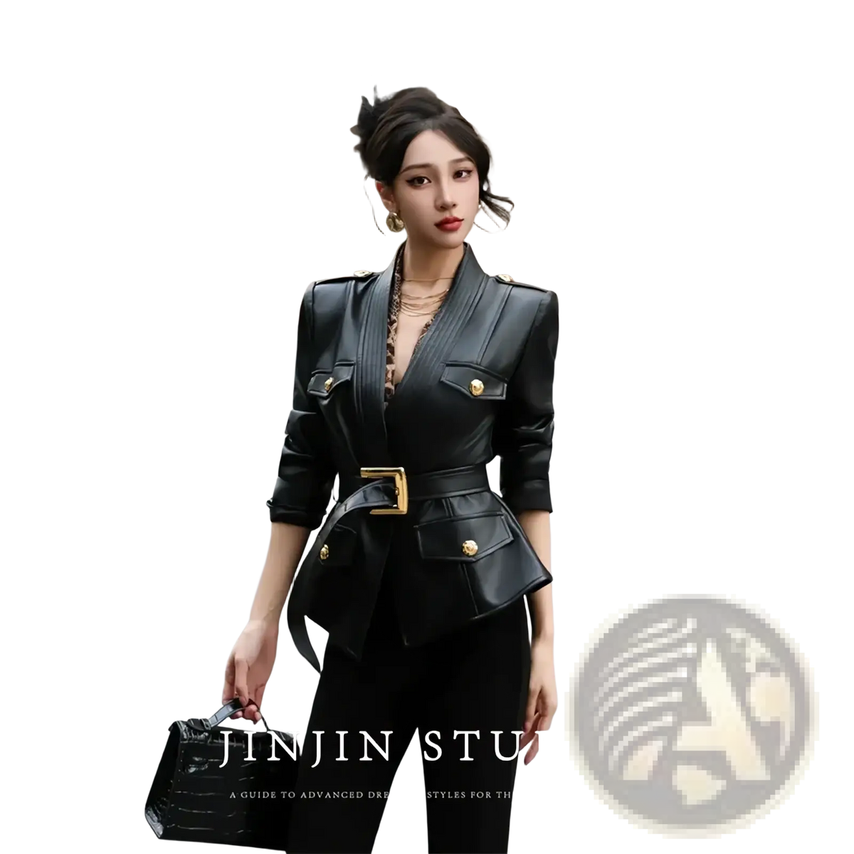 Black faux leather belted trench coat for women with gold-tone buttons and belt buckle detailing
