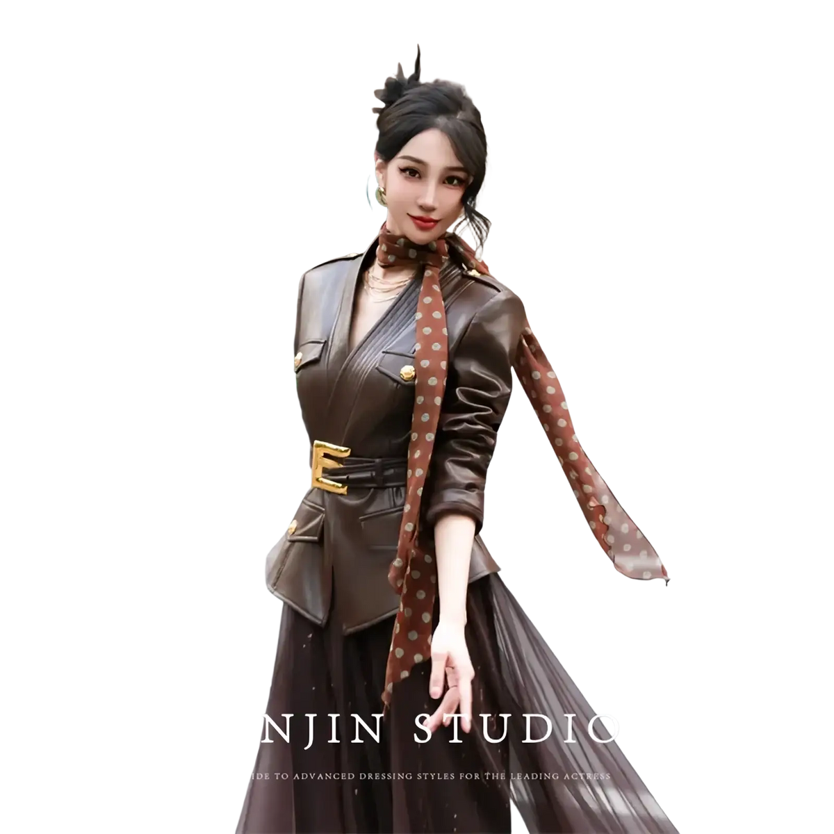 Women’s brown faux leather belted trench coat with gold buttons paired with matching polka dot scarf