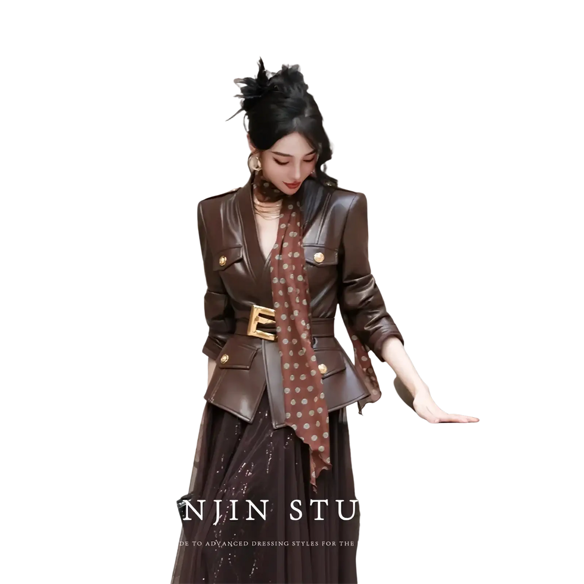 Brown leather blazer with gold-tone buttons and matching belt buckle for women’s faux leather belted trench coat