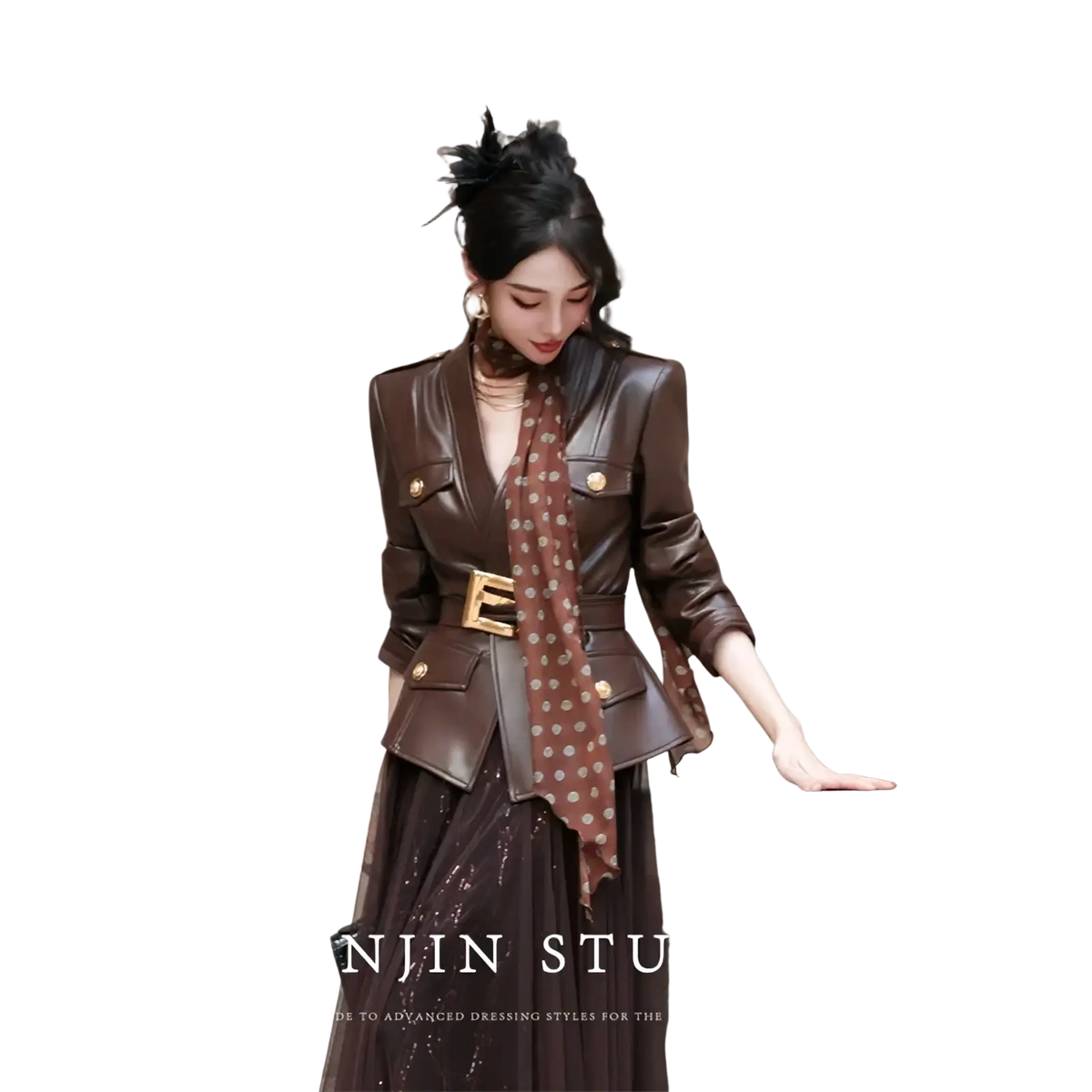 Brown leather blazer with gold tone buttons and matching belt buckle designed as a women’s faux leather belted trench coat