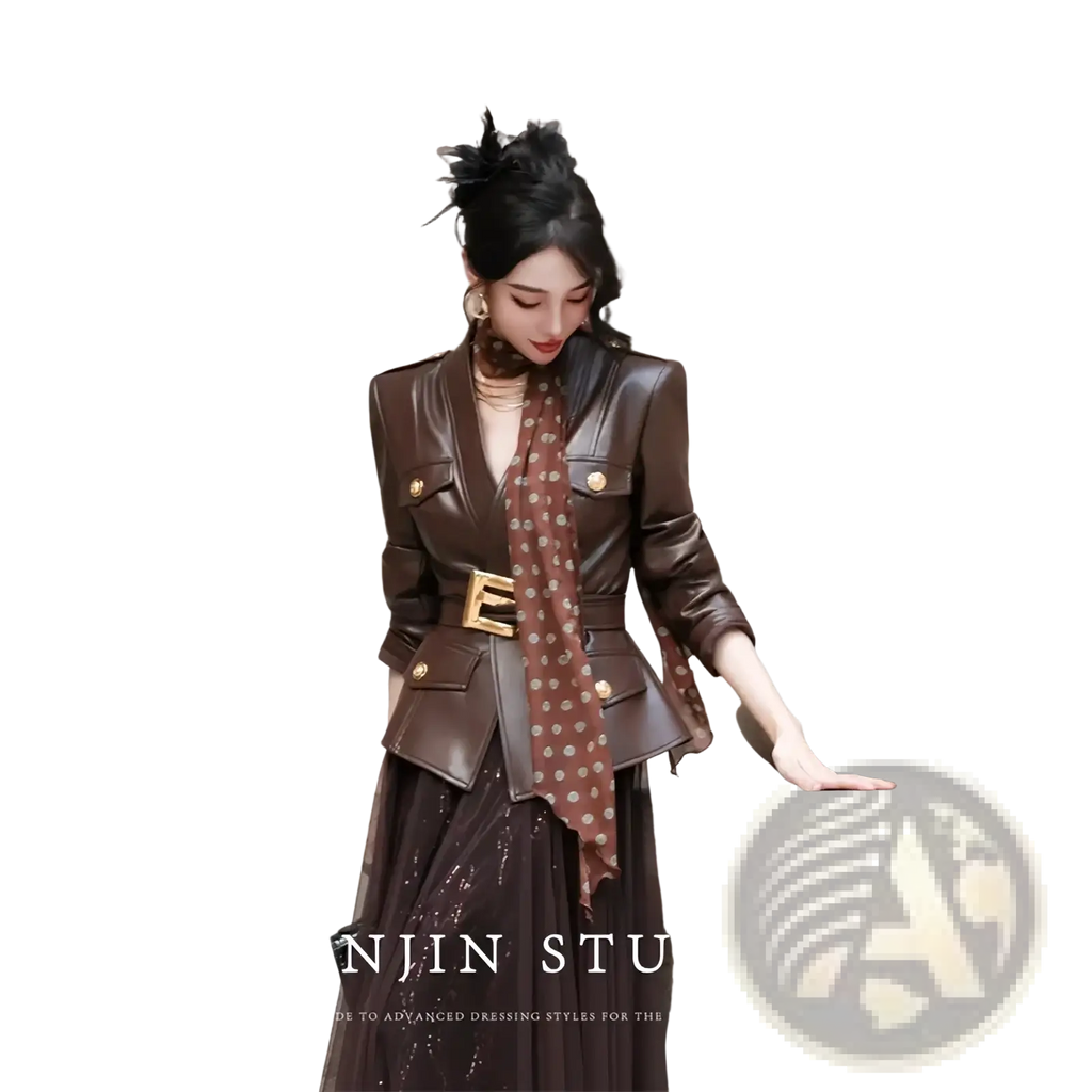 Brown leather blazer with gold-tone buttons and matching belt buckle for women’s faux leather belted trench coat