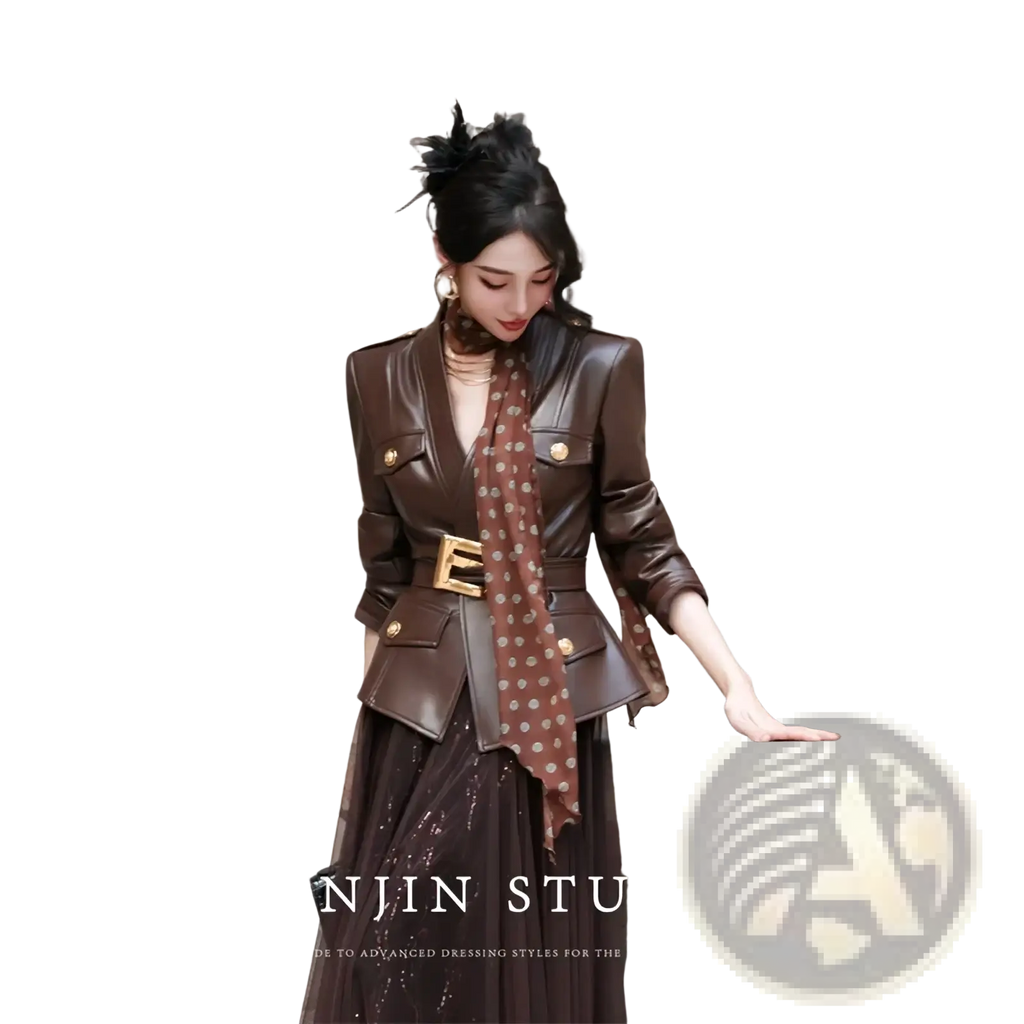 Brown leather blazer with gold tone buttons and matching belt buckle designed as a women’s faux leather belted trench coat