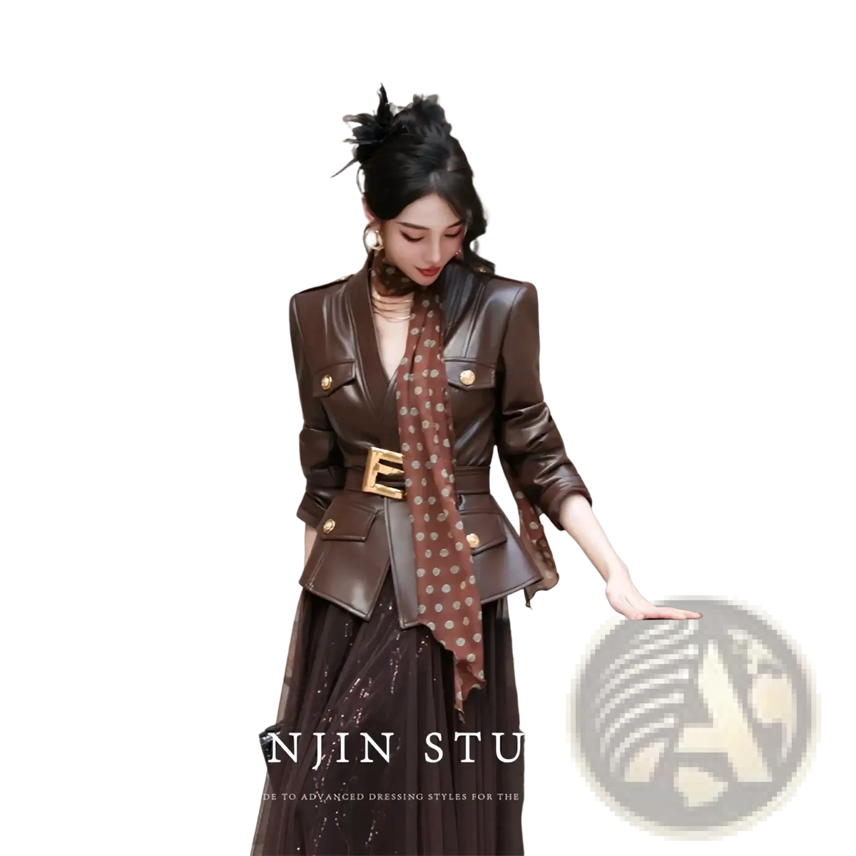 Brown leather blazer with gold tone buttons and matching belt buckle designed as a women’s faux leather belted trench coat