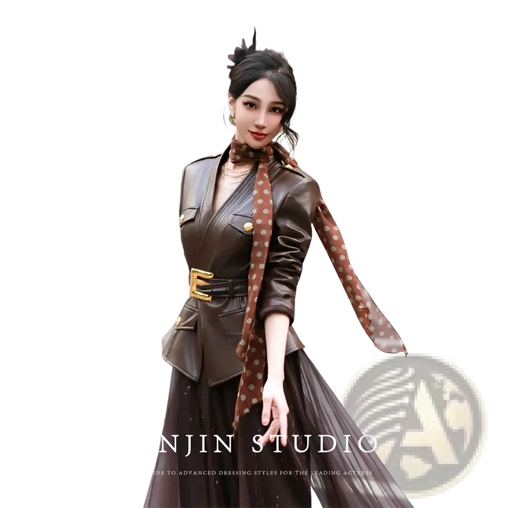 Brown faux leather womens belted trench coat with gold-toned buckle and matching polka-dot scarf displayed front view