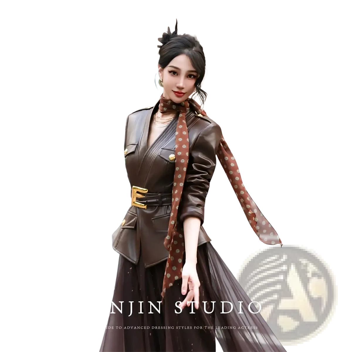 Brown faux leather womens belted trench coat with gold-toned buckle and matching polka-dot scarf displayed front view