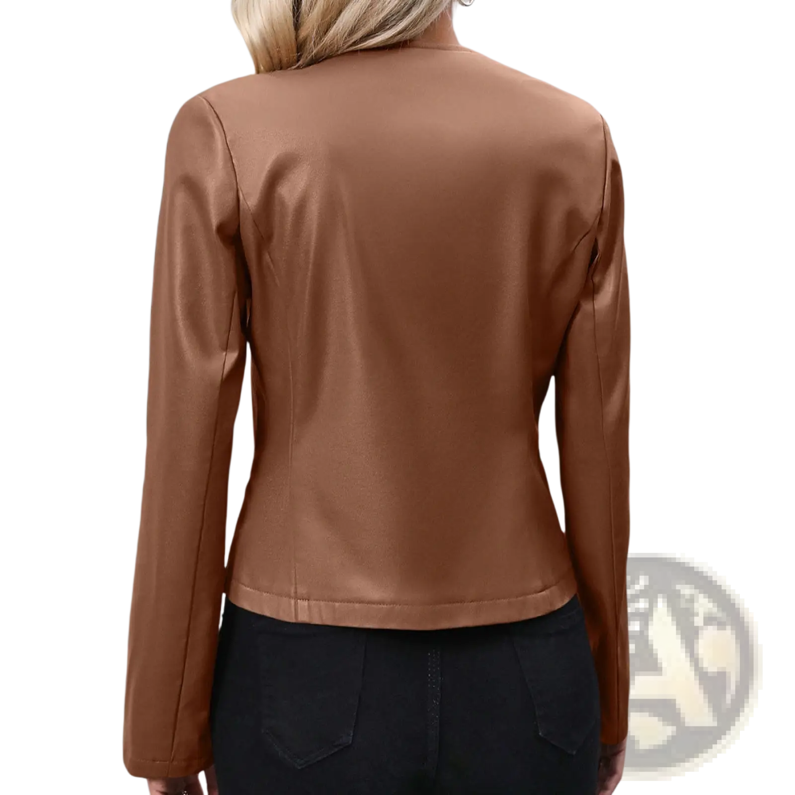 A sleek tan faux leather moto jacket with smooth texture and classic fit for women long sleeve outerwear
