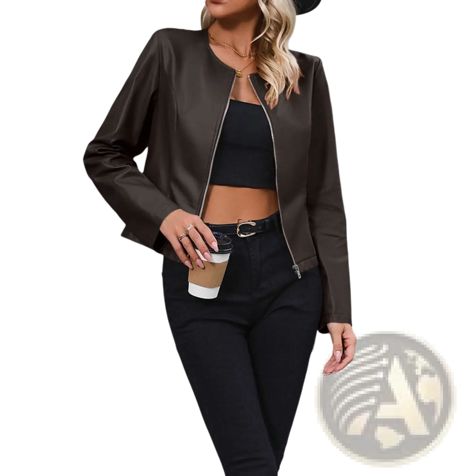 Dark brown faux leather bomber jacket with silver zipper accents for women long sleeve outwear product image