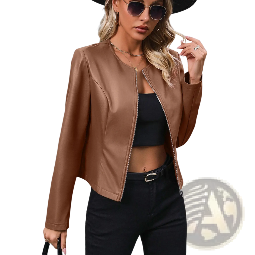 A sleek tan faux leather bomber jacket with front zipper and subtle seam detailing for women’s long sleeve outwear