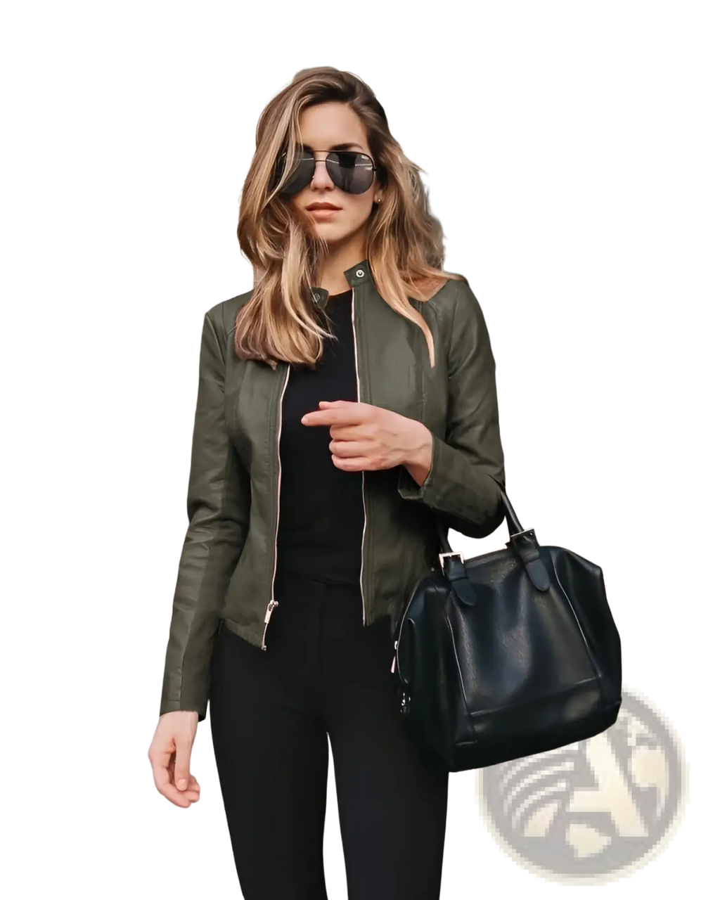 Black leather satchel bag with structured shape and top handle paired with women’s faux leather bomber jacket urban casual coat