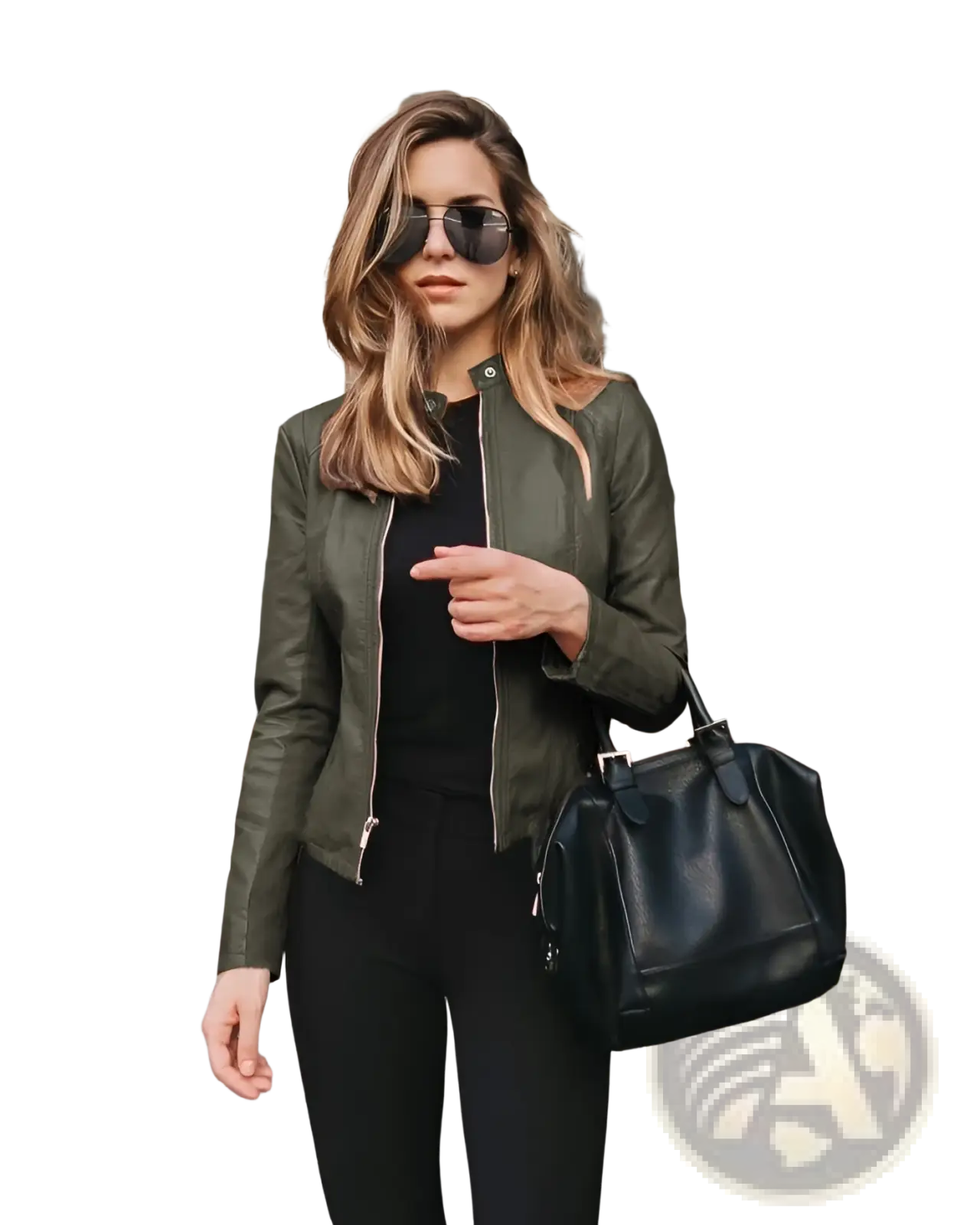 Black leather satchel bag with structured shape and top handle paired with women’s faux leather bomber jacket urban casual coat