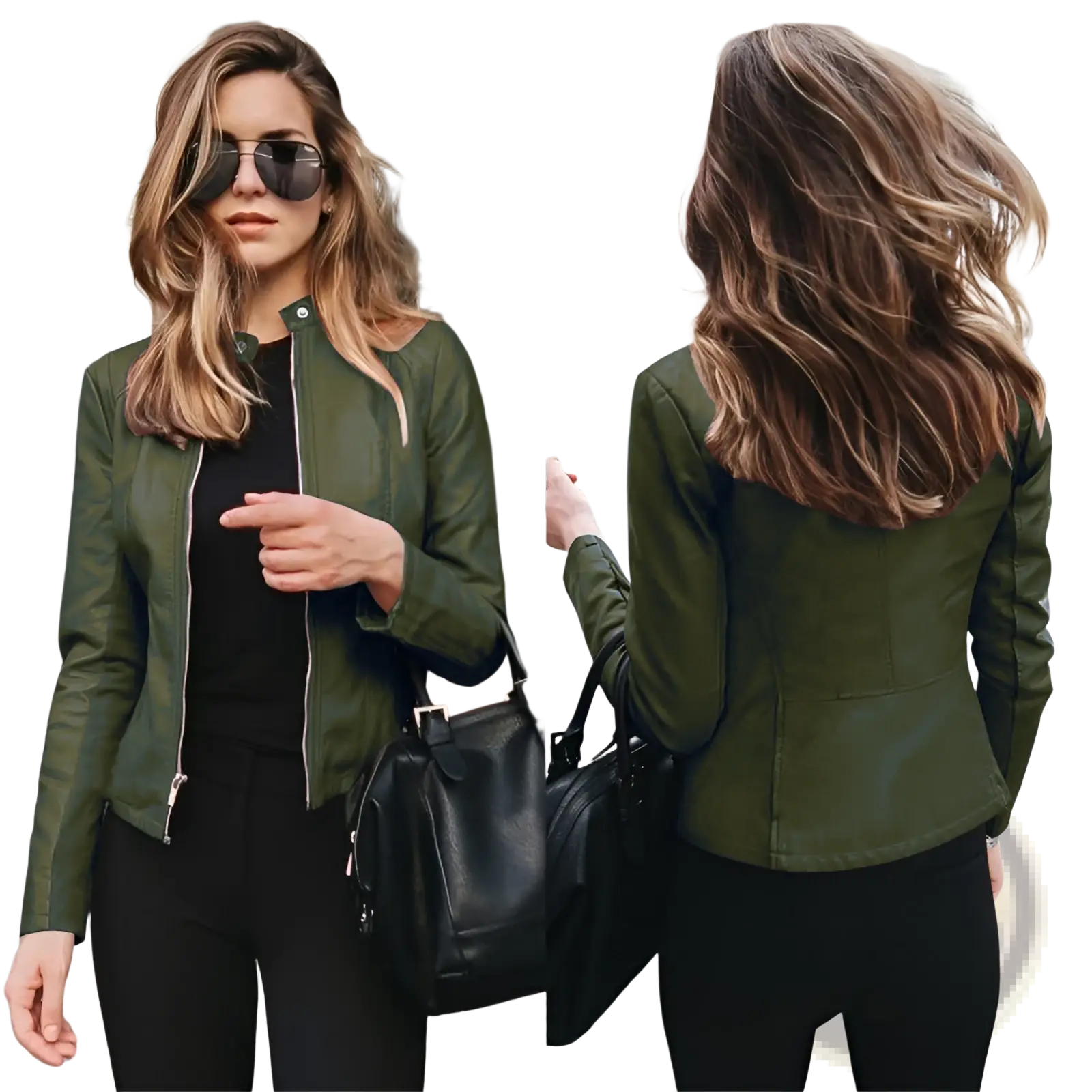 Olive green women’s faux leather bomber jacket featuring an urban casual coat design shown from the back side