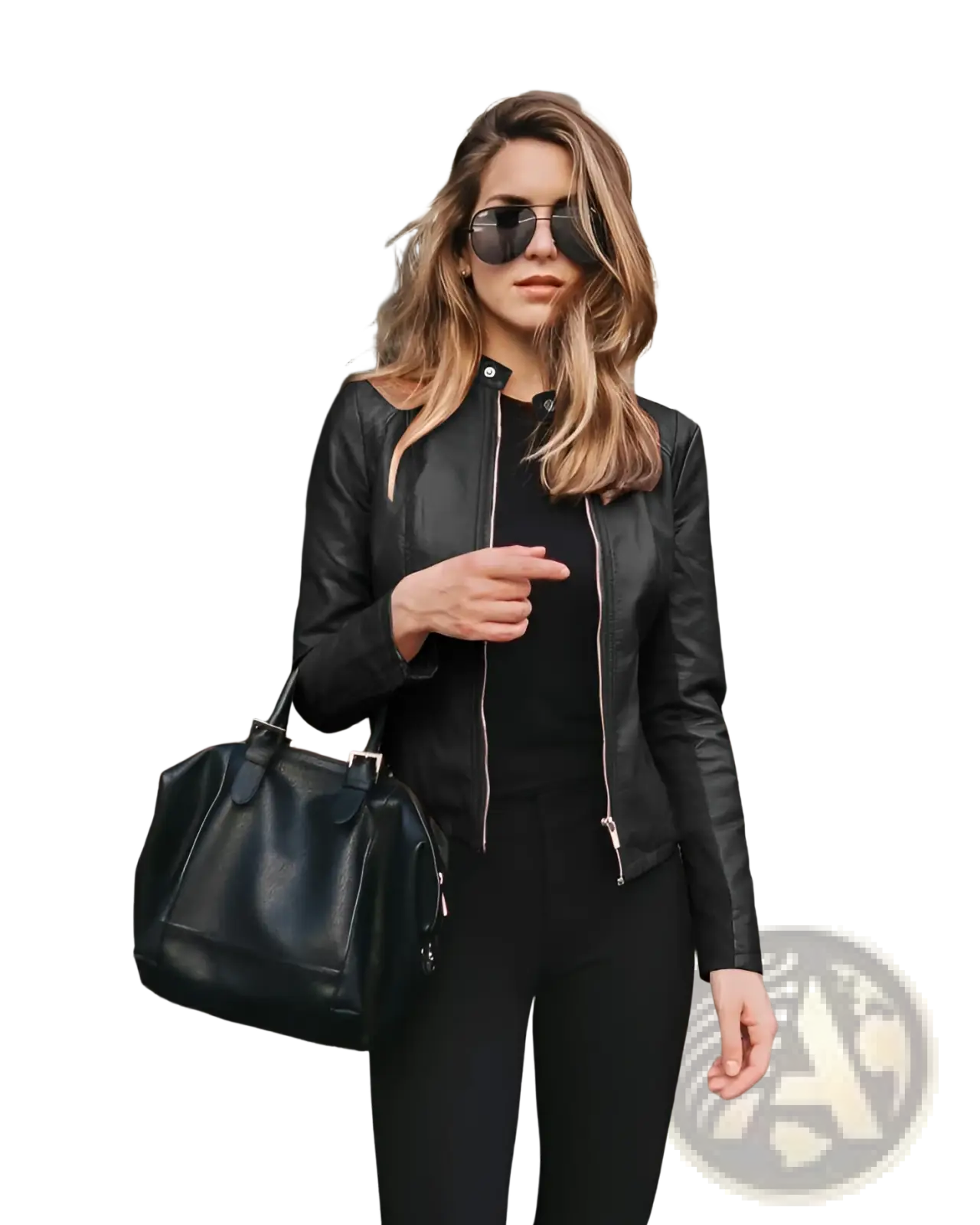 Black leather tote bag with structured shape and silver-toned hardware paired with women’s faux leather bomber jacket urban casual coat