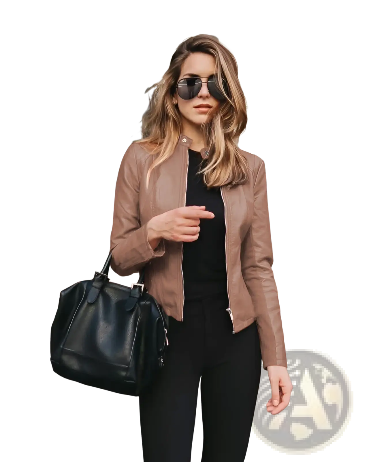 Black leather satchel bag with structured shape and top handle shown with women’s faux leather bomber jacket urban casual coat