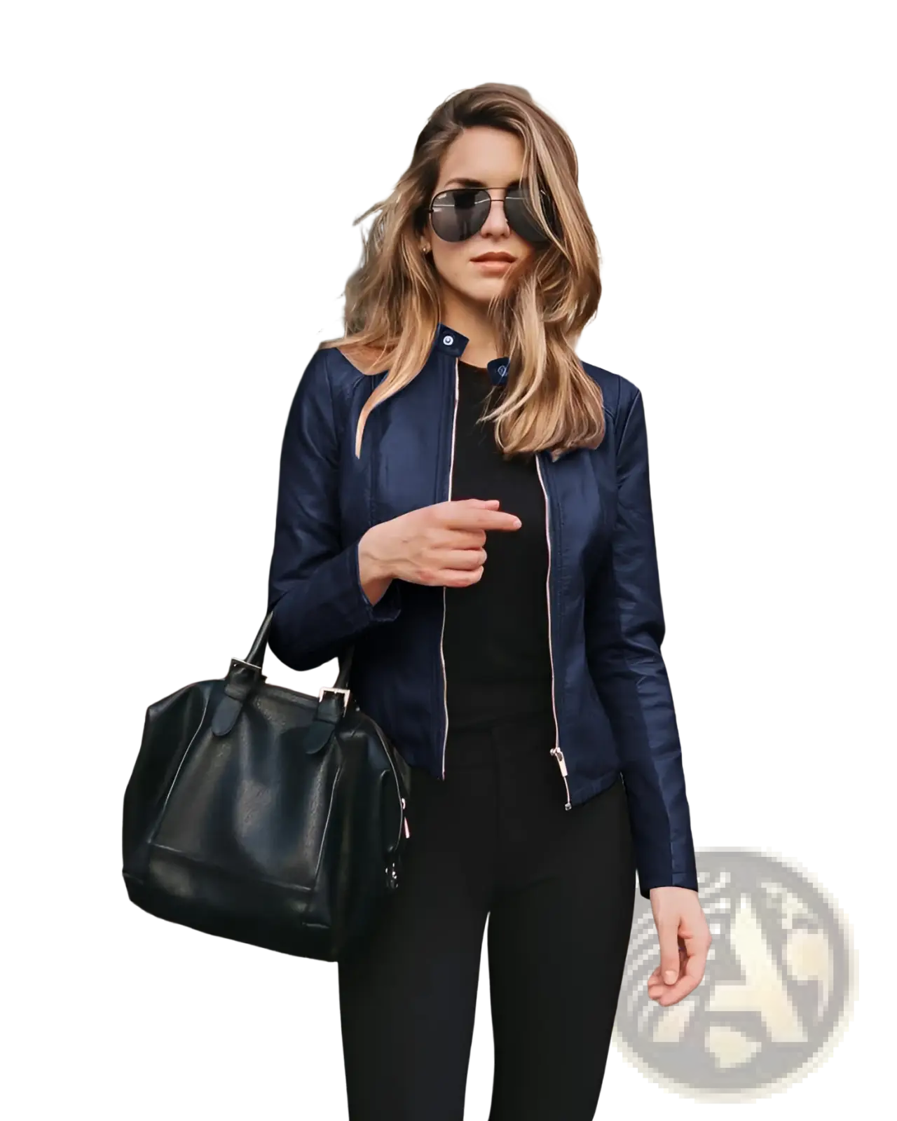Navy blue women’s faux leather bomber jacket with silver zipper accents designed for urban casual wear