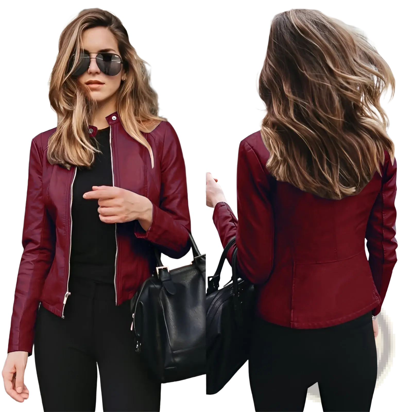 A sleek maroon women’s faux leather bomber jacket with zip-up front and subtle stitching for urban casual wear
