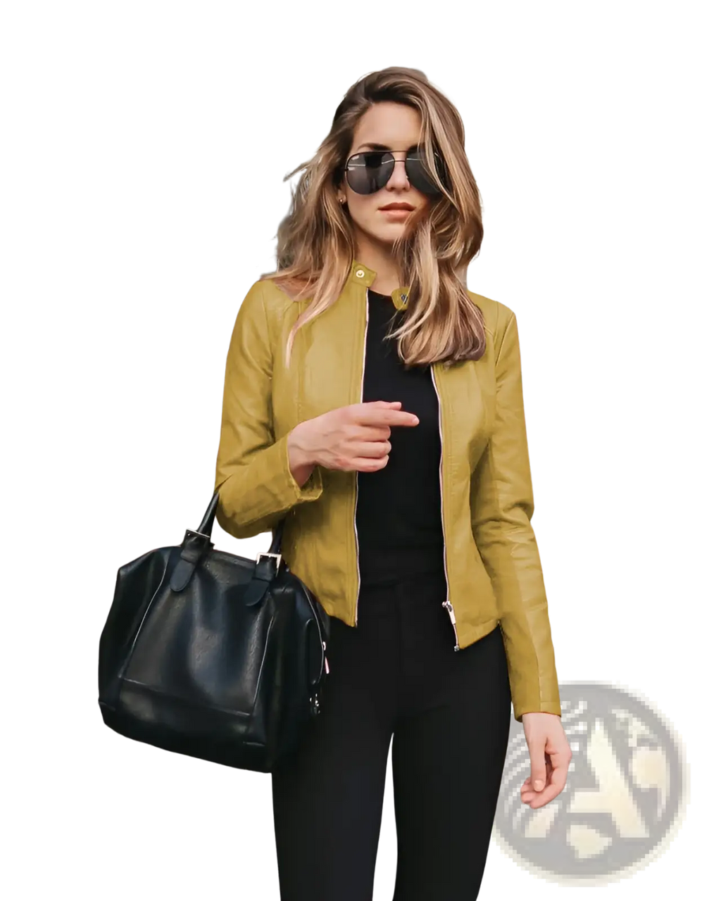 Black leather satchel bag with top handle and front flap closure featured with womens faux leather bomber jacket urban casual coat