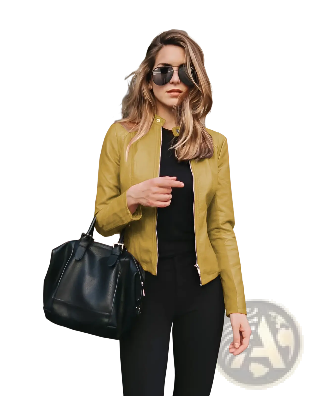 Black leather satchel bag with top handle and front flap closure featured with womens faux leather bomber jacket urban casual coat