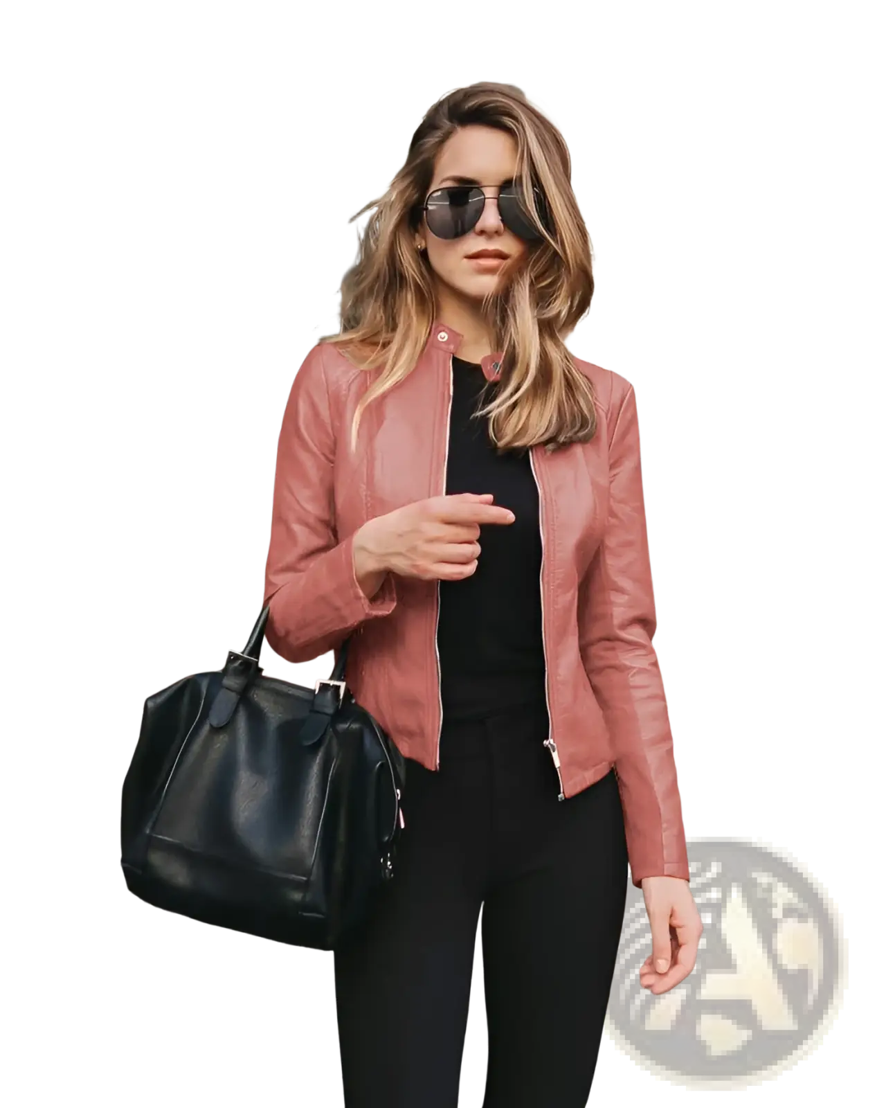 Pink faux leather bomber jacket for women designed as an urban casual coat shown from the back side