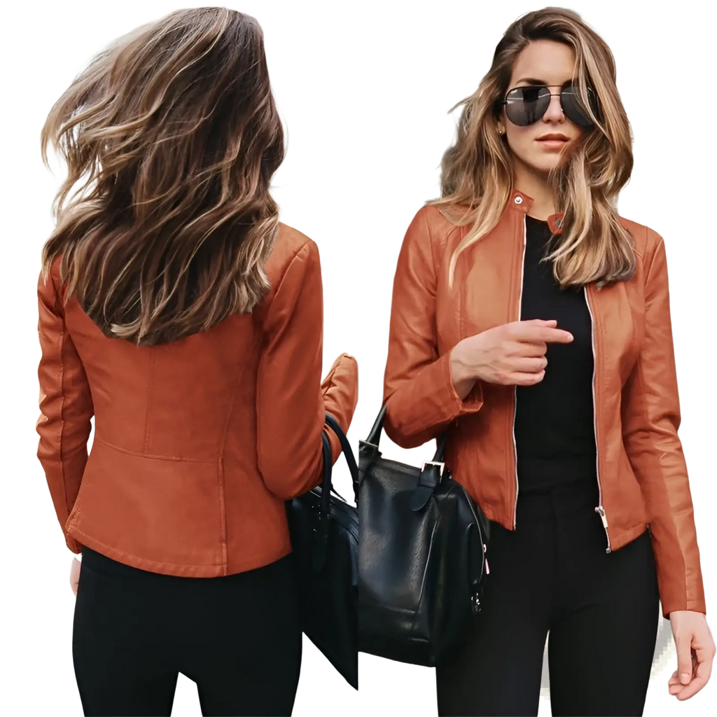 A stylish rust-colored women’s faux leather bomber jacket with zippered front and subtle stitching details for urban casual wear