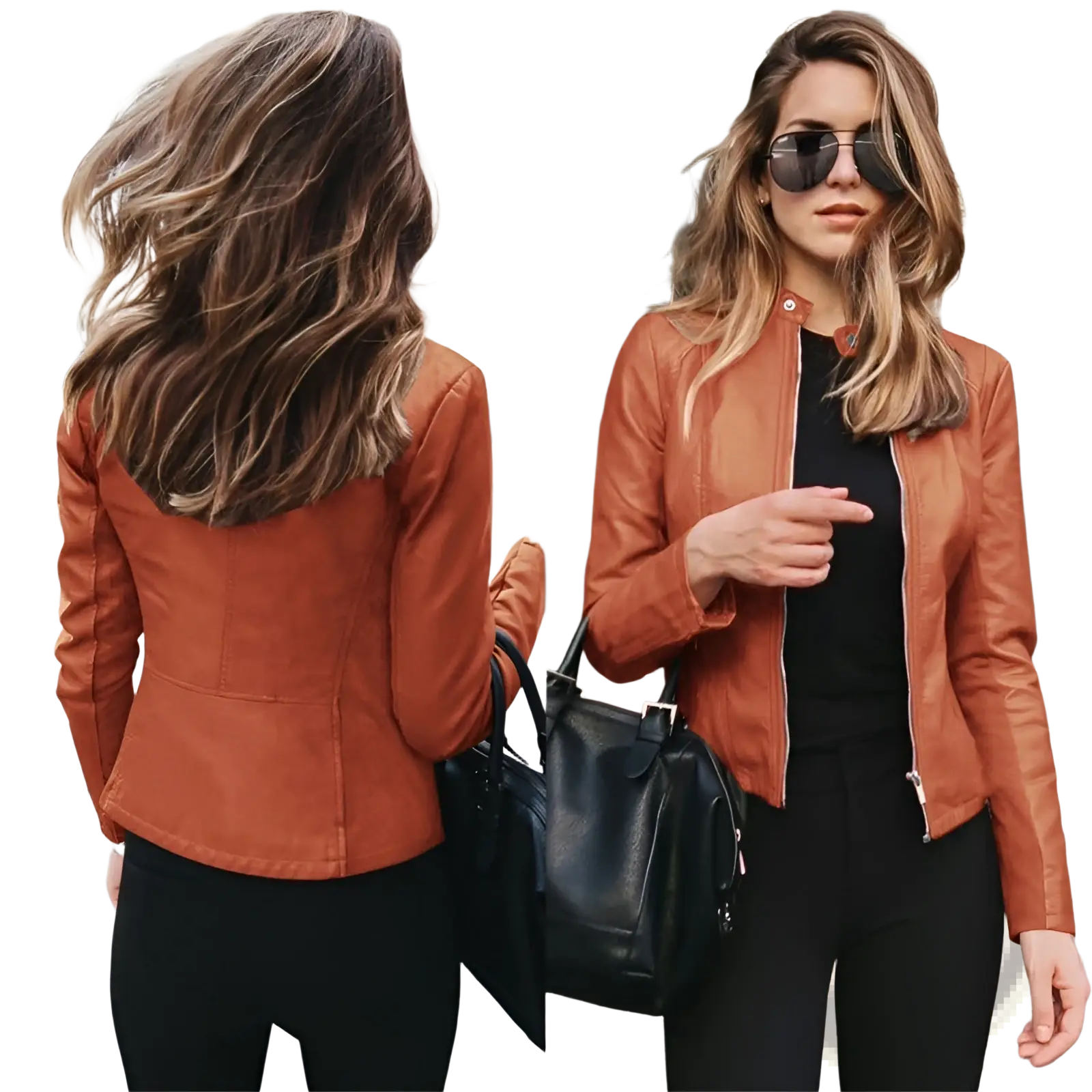 A stylish rust-colored women’s faux leather bomber jacket with zippered front and subtle stitching details for urban casual wear