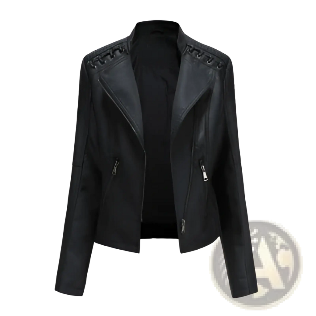 Women’s slim fit black faux leather moto jacket with zipper details and decorative stitching on the shoulders