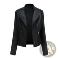 Women’s slim fit black faux leather moto jacket with zipper details and decorative stitching on the shoulders