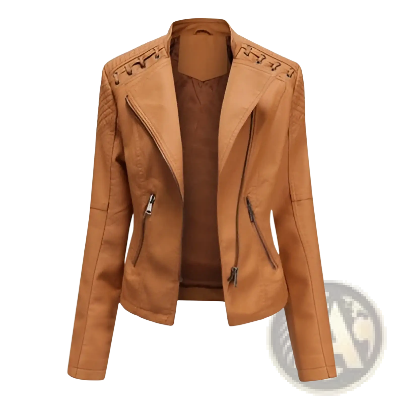 Women’s tan faux leather moto jacket with slim fit, stitched detailing on shoulders, and front zipper pockets