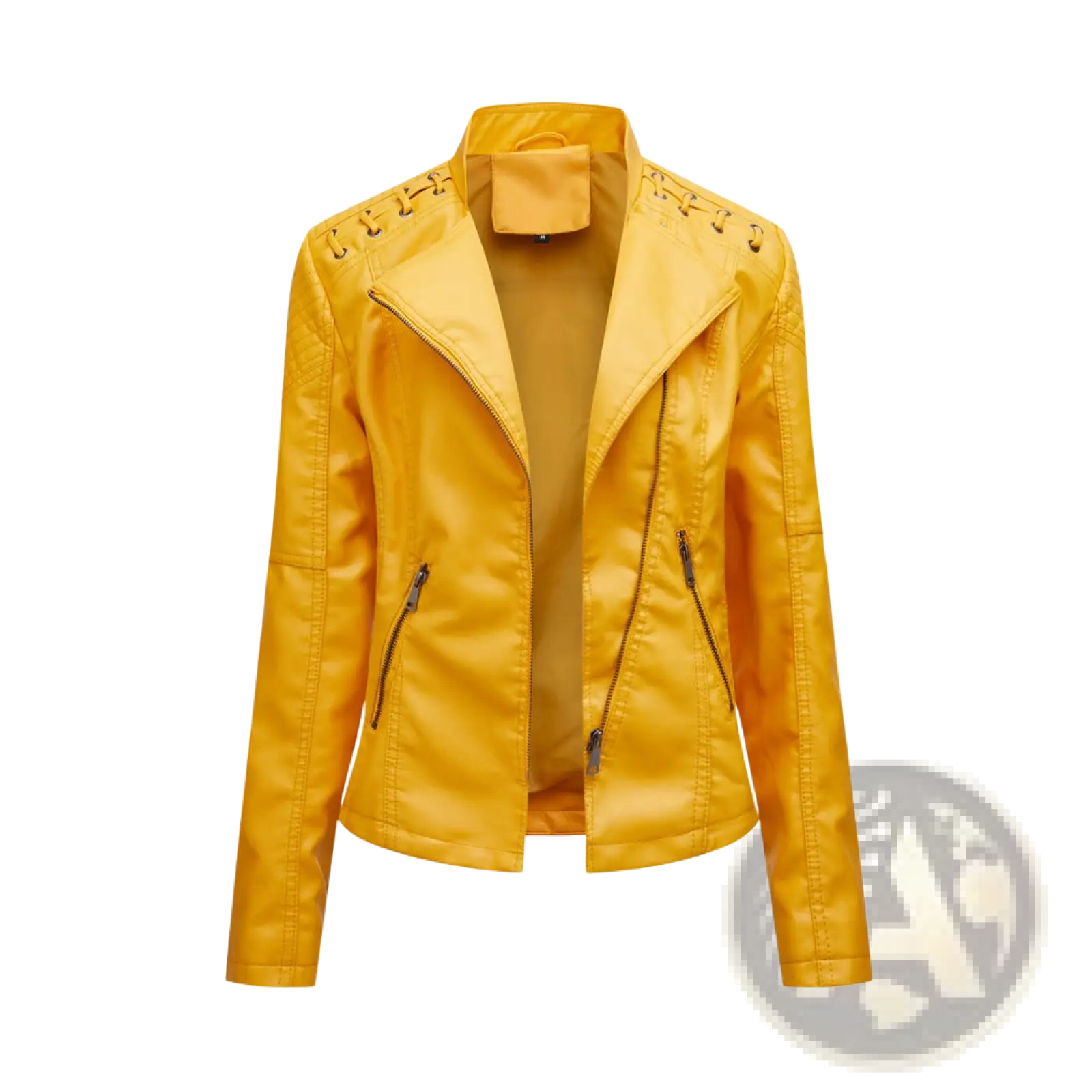 Women’s slim fit biker coat vibrant yellow faux leather moto jacket with black zippers and lace-up shoulder detailing