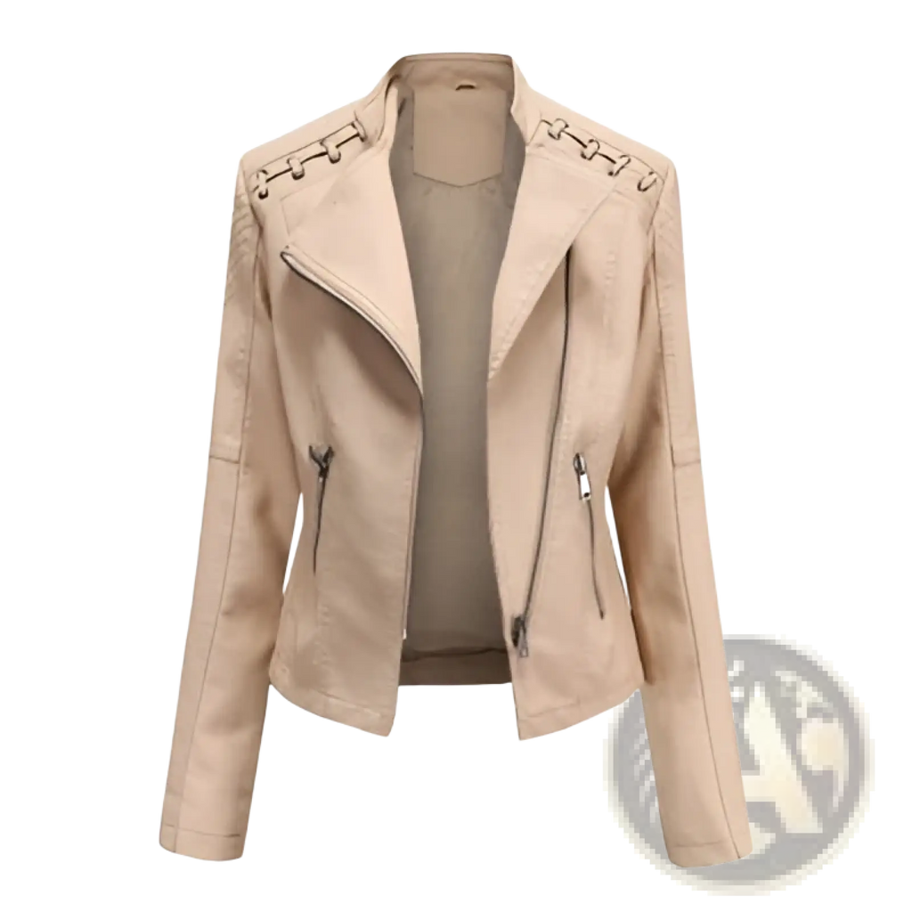 Beige slim fit women’s faux leather moto jacket with lace-up shoulder details and front zippers biker coat