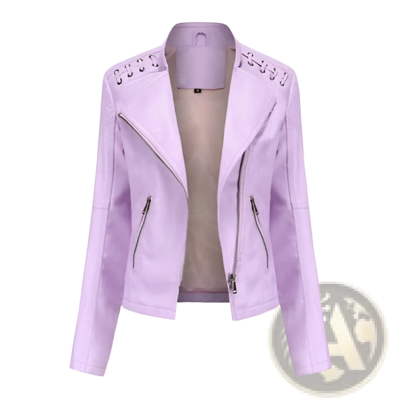 Women’s slim fit lavender faux leather moto jacket with lace-up shoulders and front zipper pockets