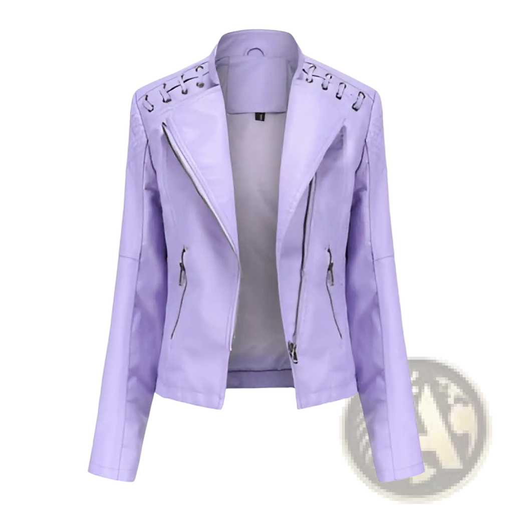 Women’s faux leather moto jacket in lavender with lace-up shoulder details and front zippers slim fit biker coat