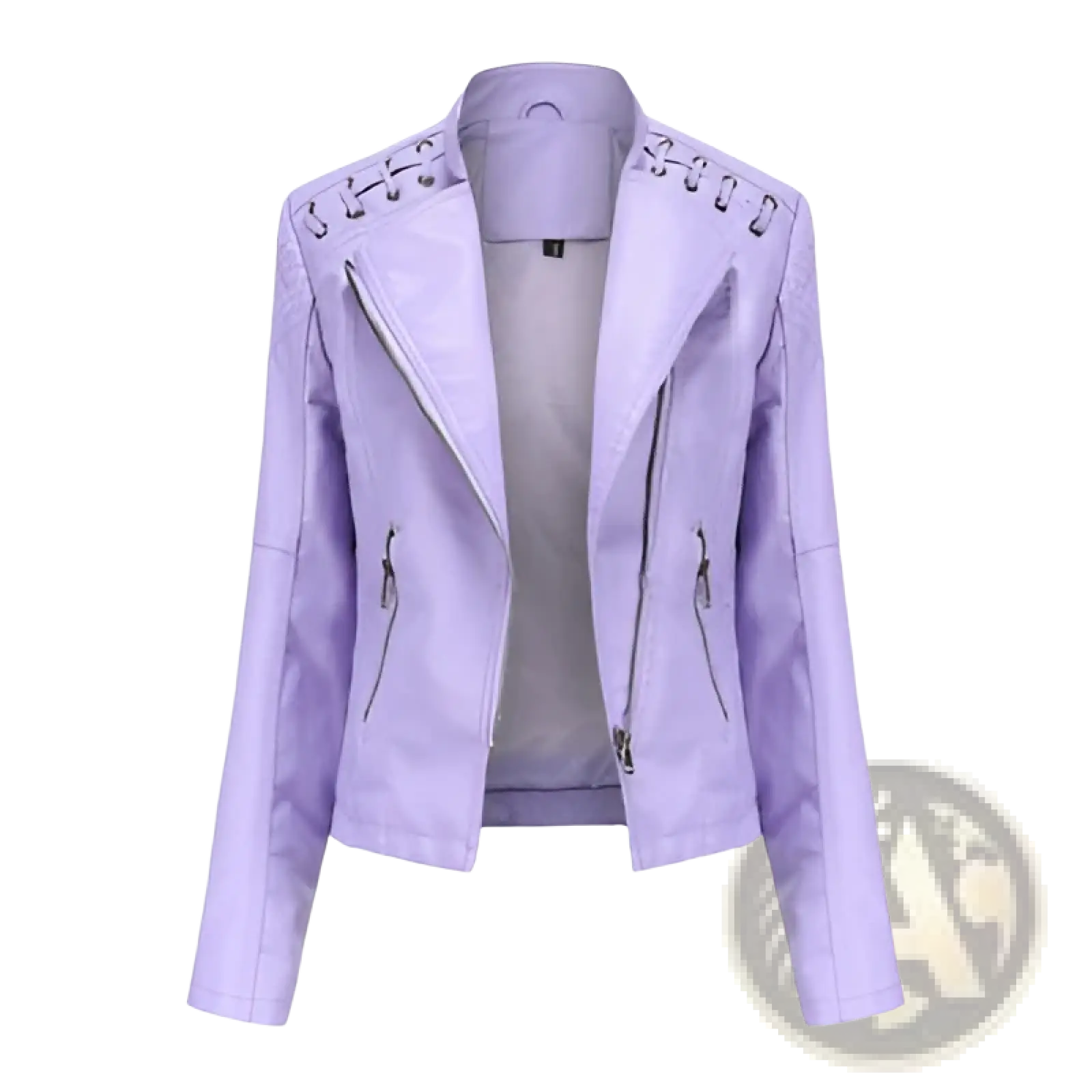 Women’s faux leather moto jacket in lavender with lace-up shoulder details and front zippers slim fit biker coat