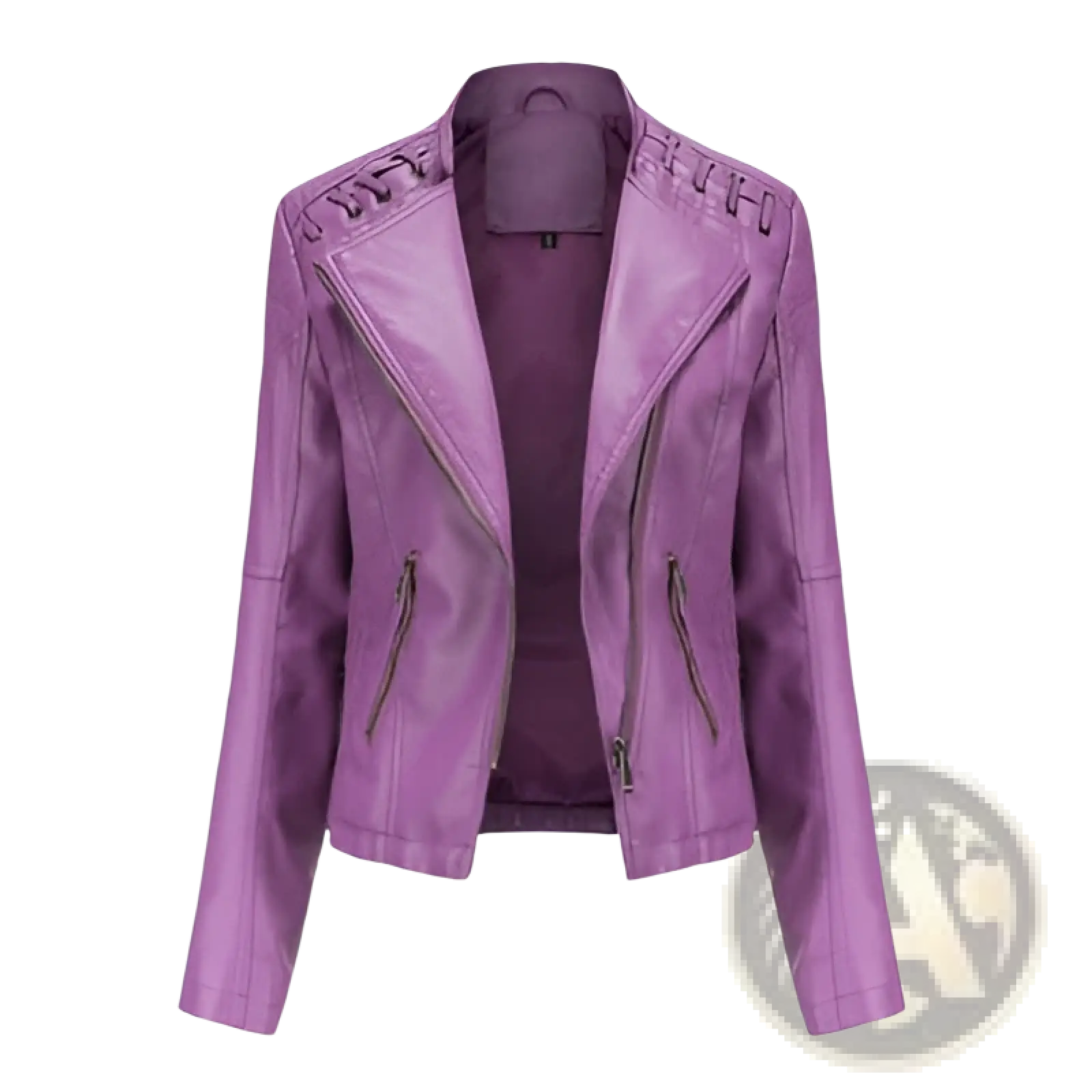 Purple faux leather slim fit women’s moto biker jacket with lace-up shoulders and front zippers