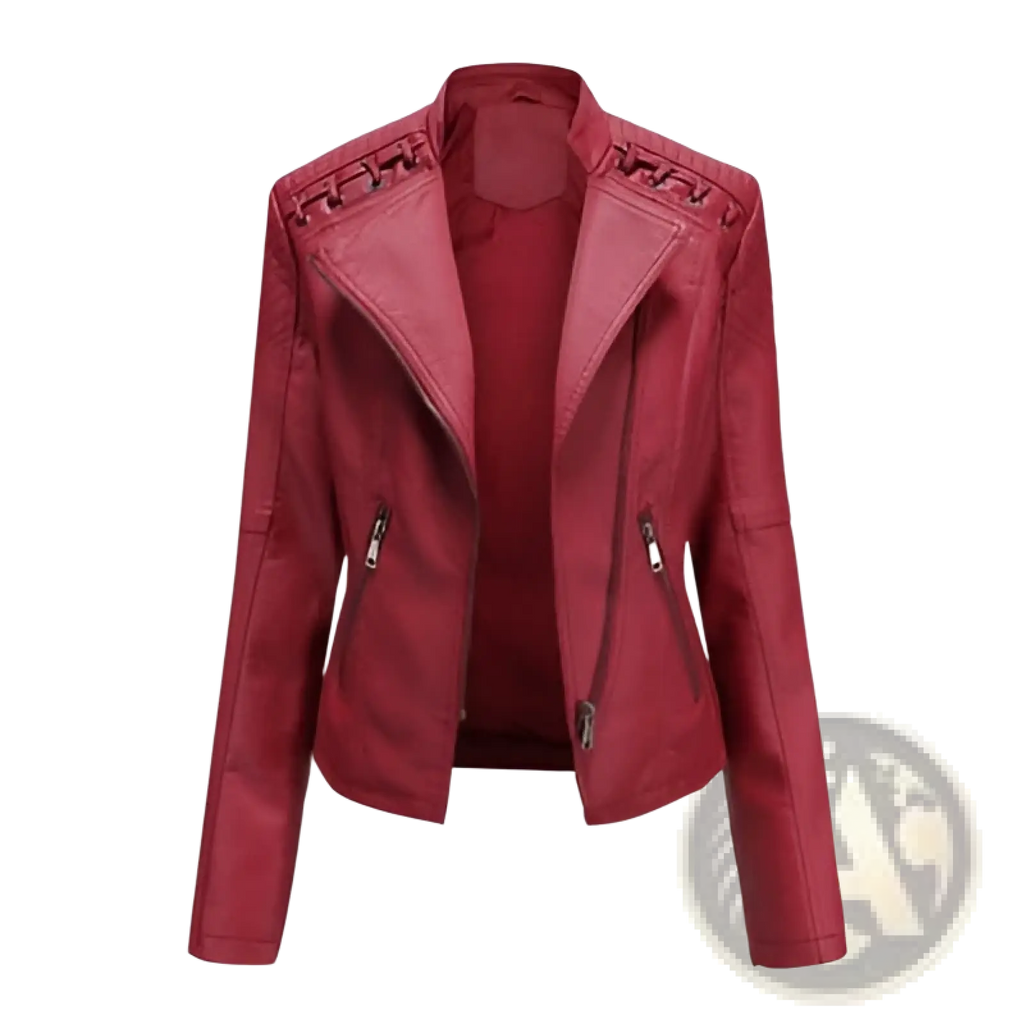 A sleek burgundy slim fit women’s faux leather moto jacket with structured collar and zipper accents