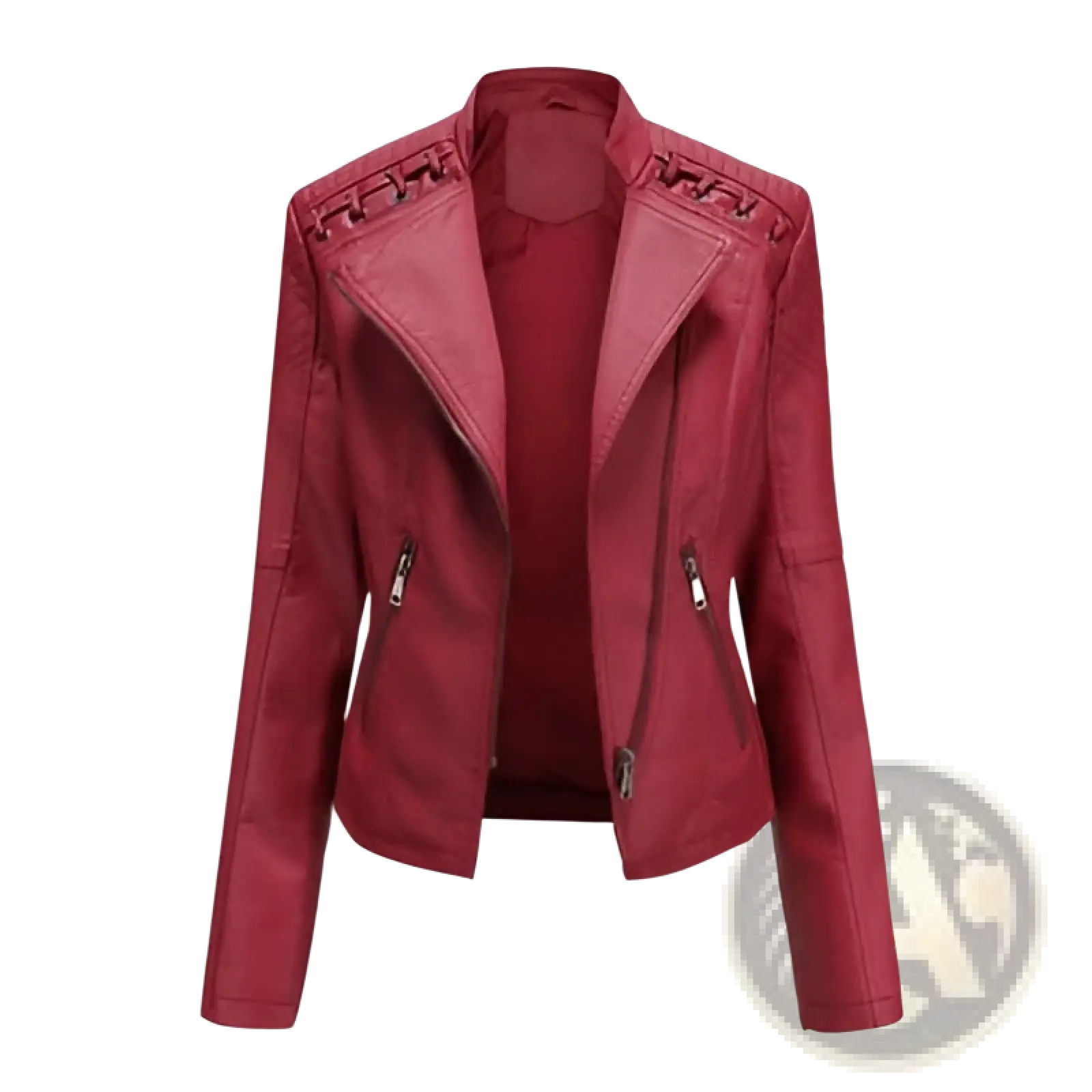 A sleek burgundy slim fit women’s faux leather moto jacket with structured collar and zipper accents