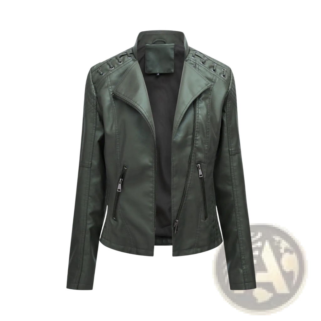 Dark green slim fit women’s faux leather moto jacket with zipper closures and lace-up shoulder detailing
