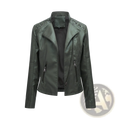 Dark green slim fit women’s faux leather moto jacket with zipper closures and lace-up shoulder detailing